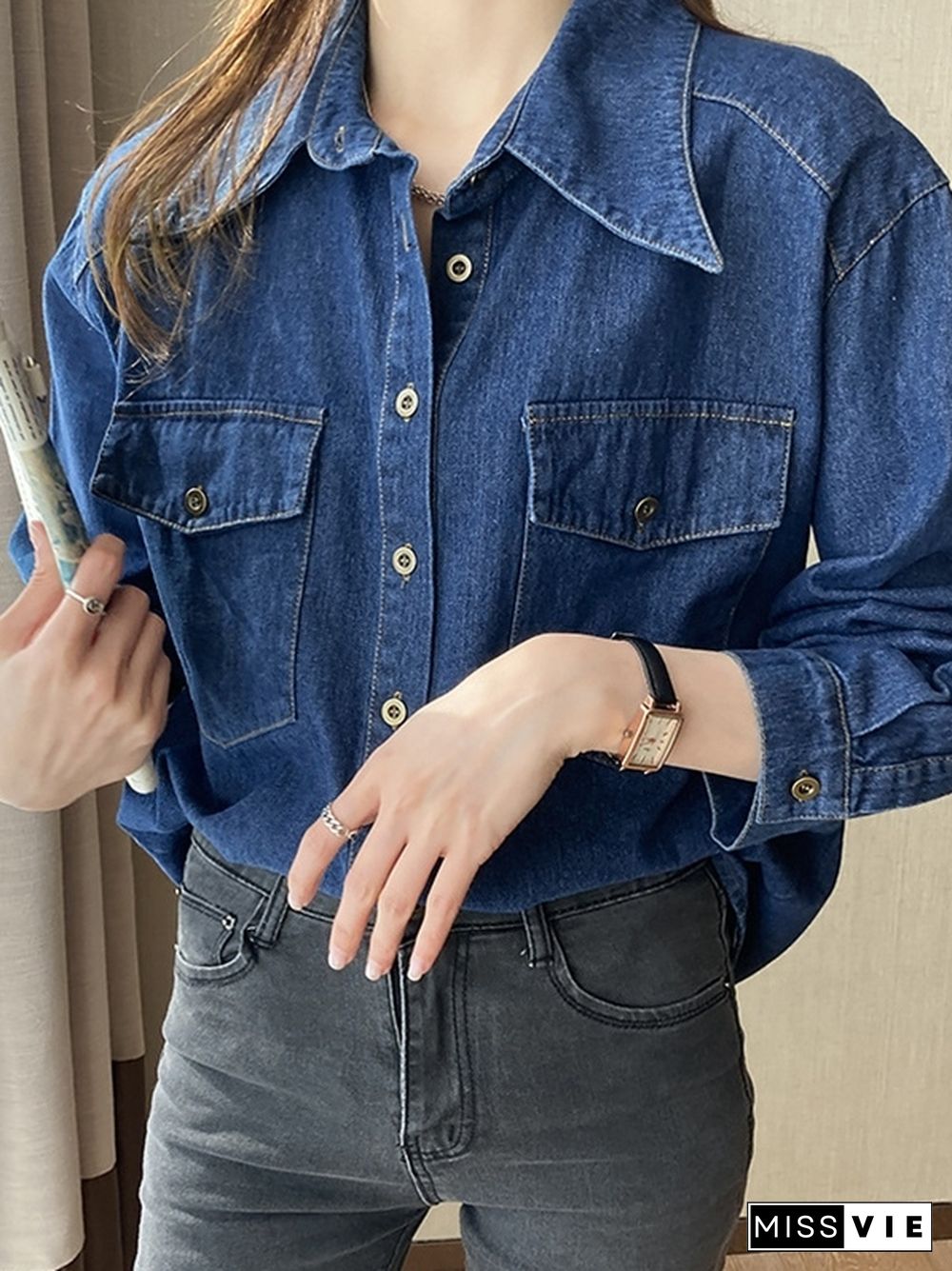 Wash Dual Pocket Denim Blouses&Shirts