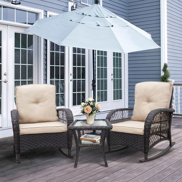 3-Pieces Conversation Set， Outdoor Wicker Rocker Swivel Patio Bistro Set， Rocking Chair with Glass Top Side Table for Garden - Overstock - 38006823