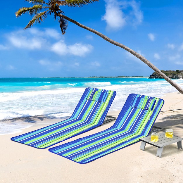 Costway 3 piece Beach Lounge Chair Mat Set 2 Adjustable Lounge Chairs With Table Blue stripe