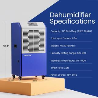 Yaufey 216pt. dehumidifier with a Maximum coverage area of 8500 sq.ft. Commercial Dehumidifier in. blue HDCX-DP900C