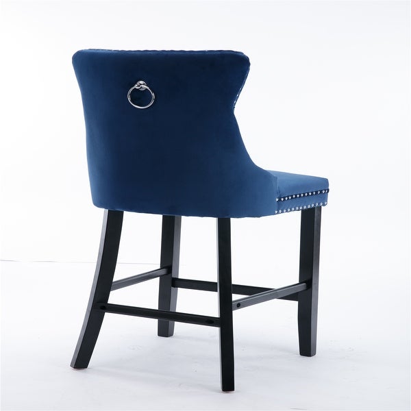 Velvet Upholstered Barstools with Button Tufted Decoration and Wooden Legs