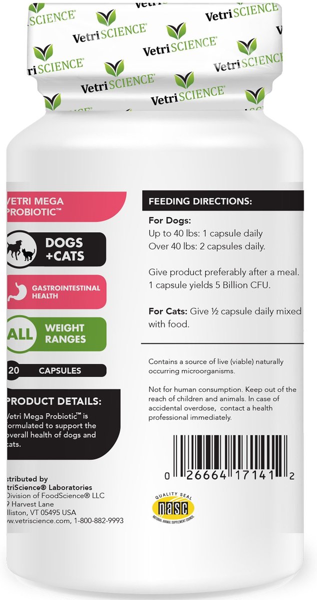 VetriScience Vetri Mega Probiotic Capsules Digestive Supplement for Cats and Dogs