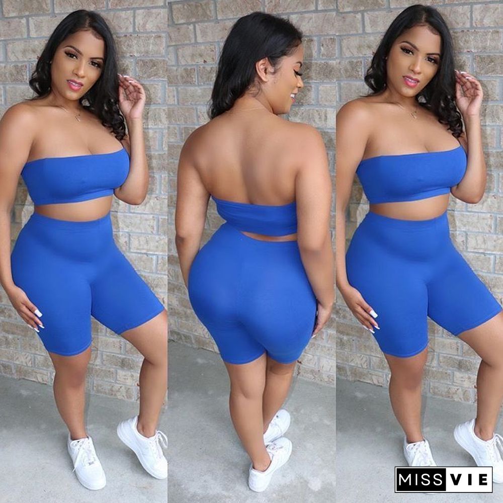 Sexy Strapless Solid-Colored Shorts Sport Two-Piece Set