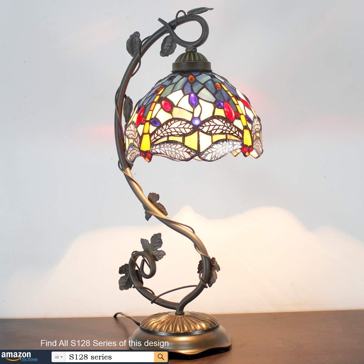 GEDUBIUBOO  Lamp Stained Glass Table Lamp Blue Yellow Dragonfly Style Desk Light Metal Leaf Base 8X10X21 Inches Decor Small Space Bedroom  Office S128 Series