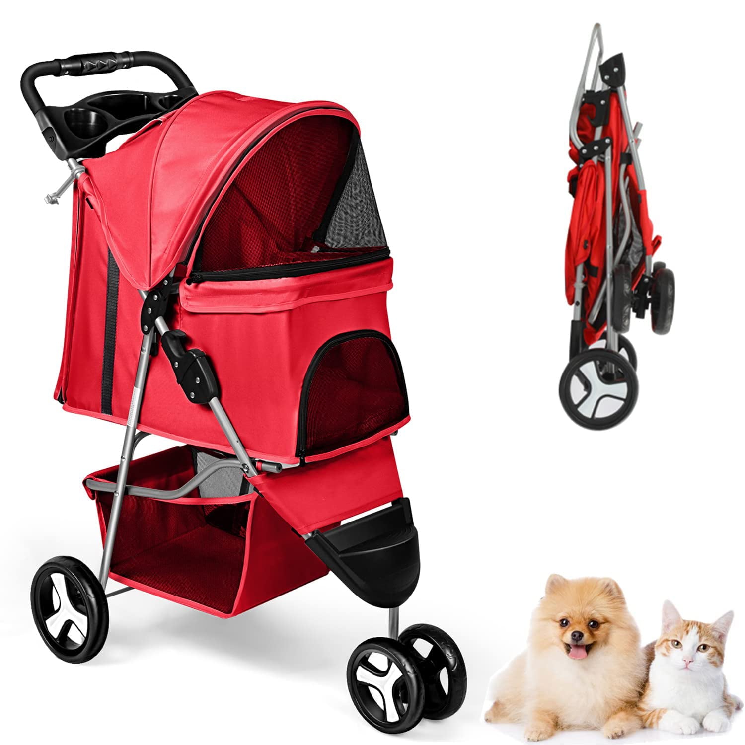 Pet Stroller 3 Wheel Foldable Cat Dog Stroller with Storage Basket and Cup Holder for Small and Medium Cats， Dogs， Puppy (Red)