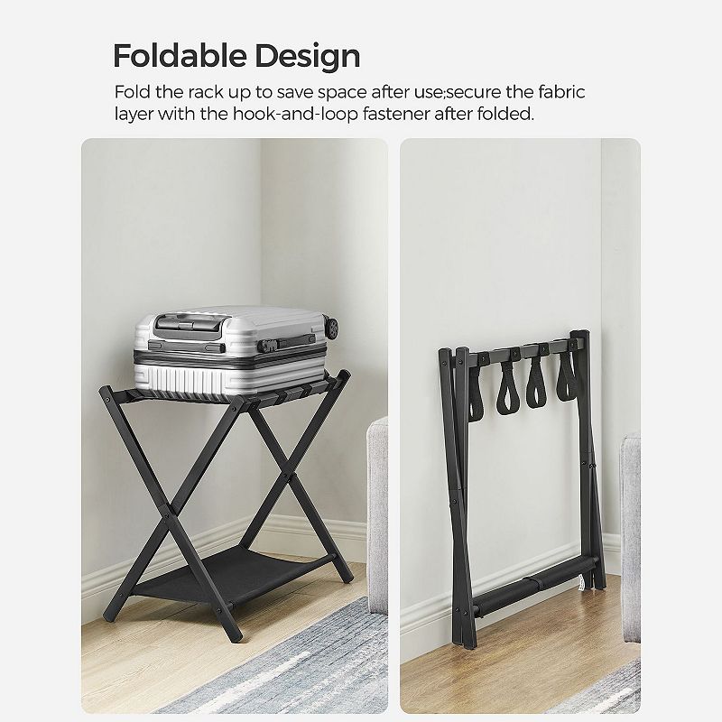 Luggage Rack For Guest Room， Suitcase Stand With Storage Shelf， Steel Frame， Foldable