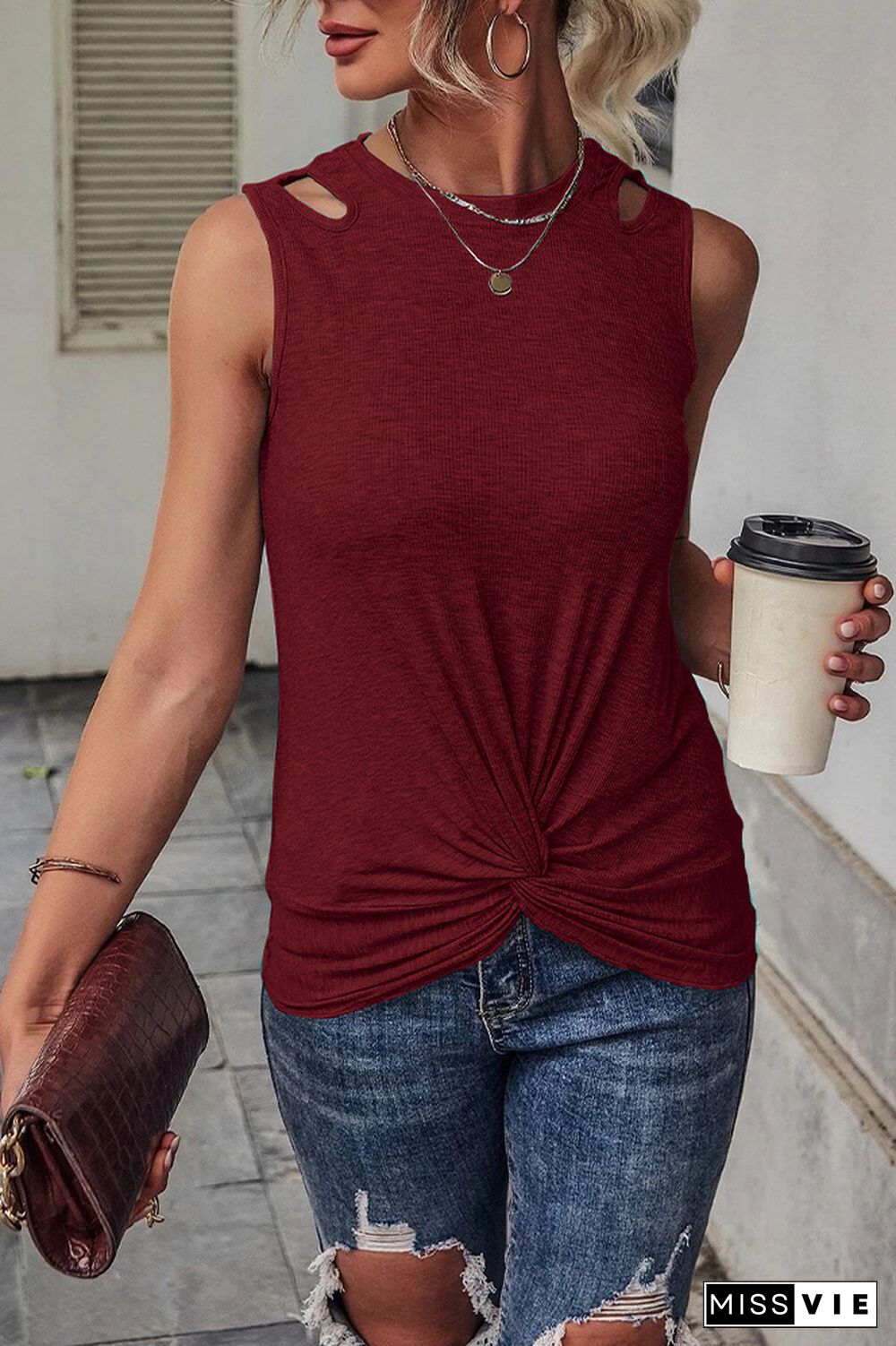 Plain Cut Out Twist Knot Tank Top