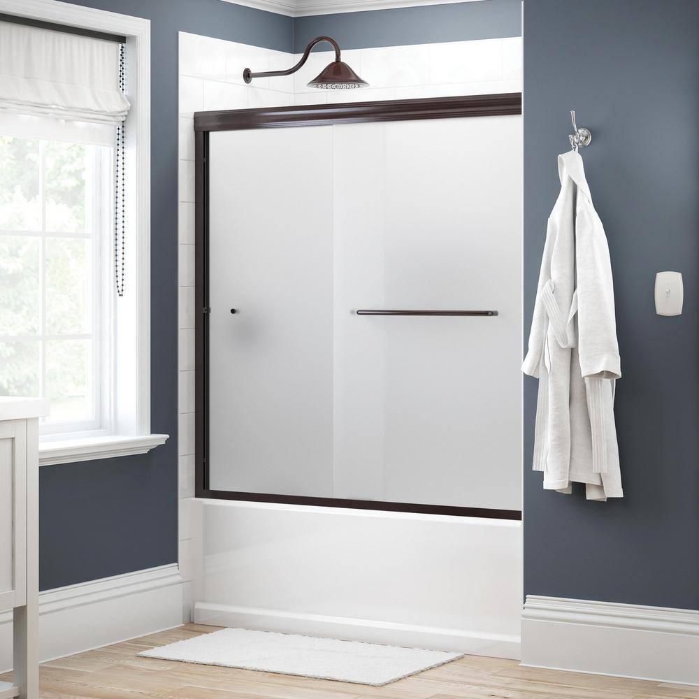 Delta Simplicity 60 in. x 58-18 in. Semi-Frameless Traditional Sliding Bathtub Door in Bronze with Frosted Glass 2435507