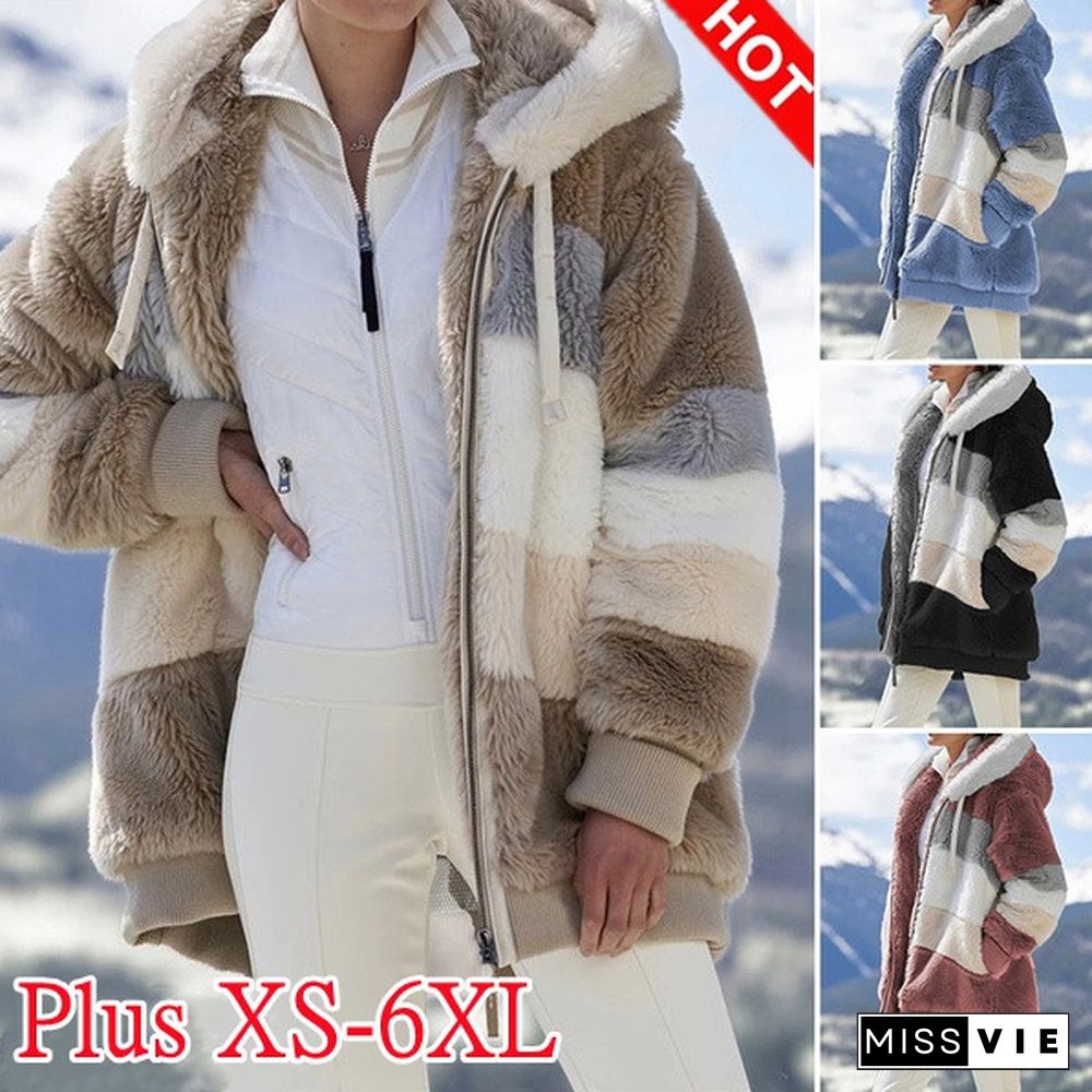 Plus Size Winter Women's Plush Coat Fashion Casual Stitching Plaid Ladies Clothes Hooded Zipper Ladies Parka Coat Cashmere Women Jacket Patchwork Outerwear Feminina Blouson Femme