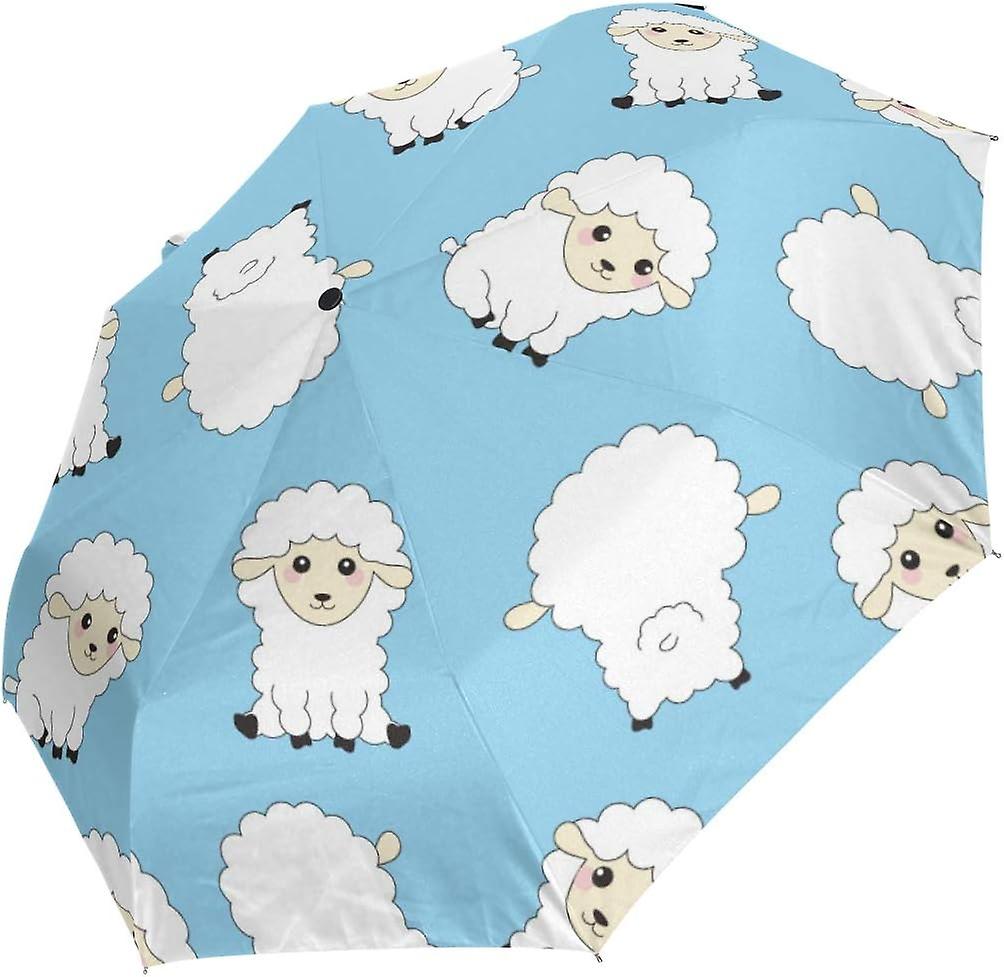 Travel Umbrella Automatic Windproof Foldable Umbrella Funny Sheep On Blue