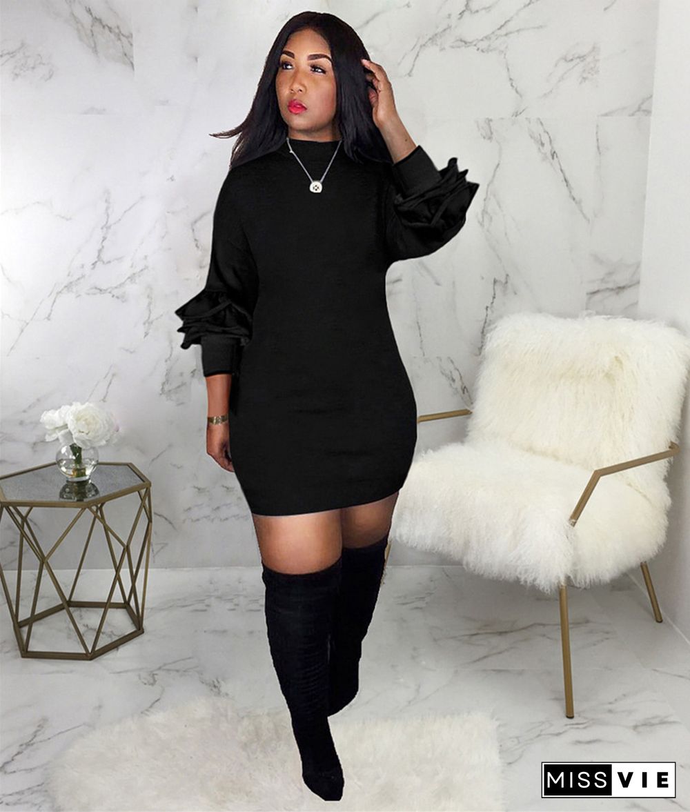 Black O Neck Ruffles Long Sleeve Casual Dresses