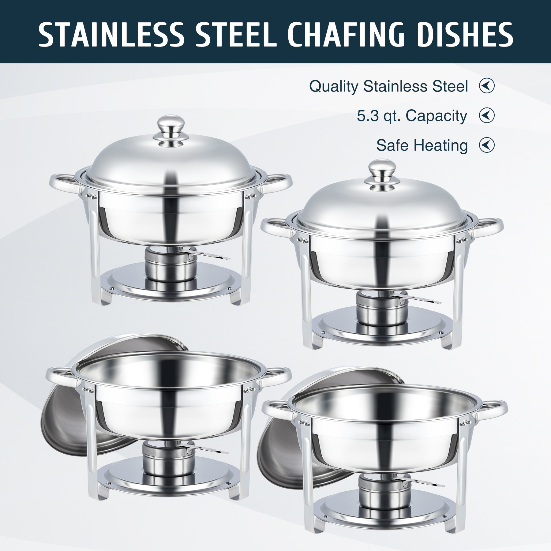 Wilprep 4 Pack Stainless Steel Chafer Set Buffet Serving Dish Kit w 5 qt Round Pans Lids