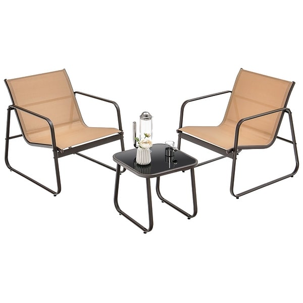 Gymax 3PCS Conversation Set Outdoor Metal Chair and Table Tempered Glass