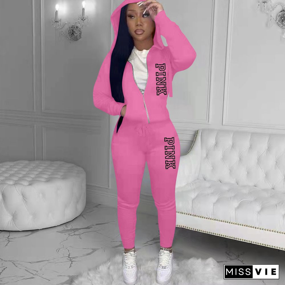 PINK Letter Print Hooded Coat Sporty Pants 2 Piece Set