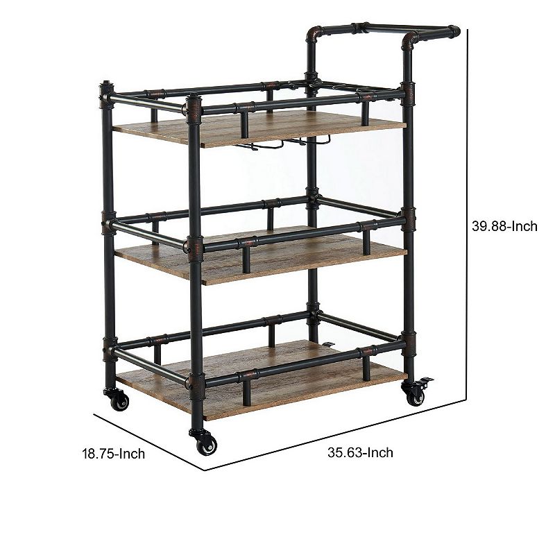 Rustic Three Tier Wood and Metal Serving Cart， Black and Brown