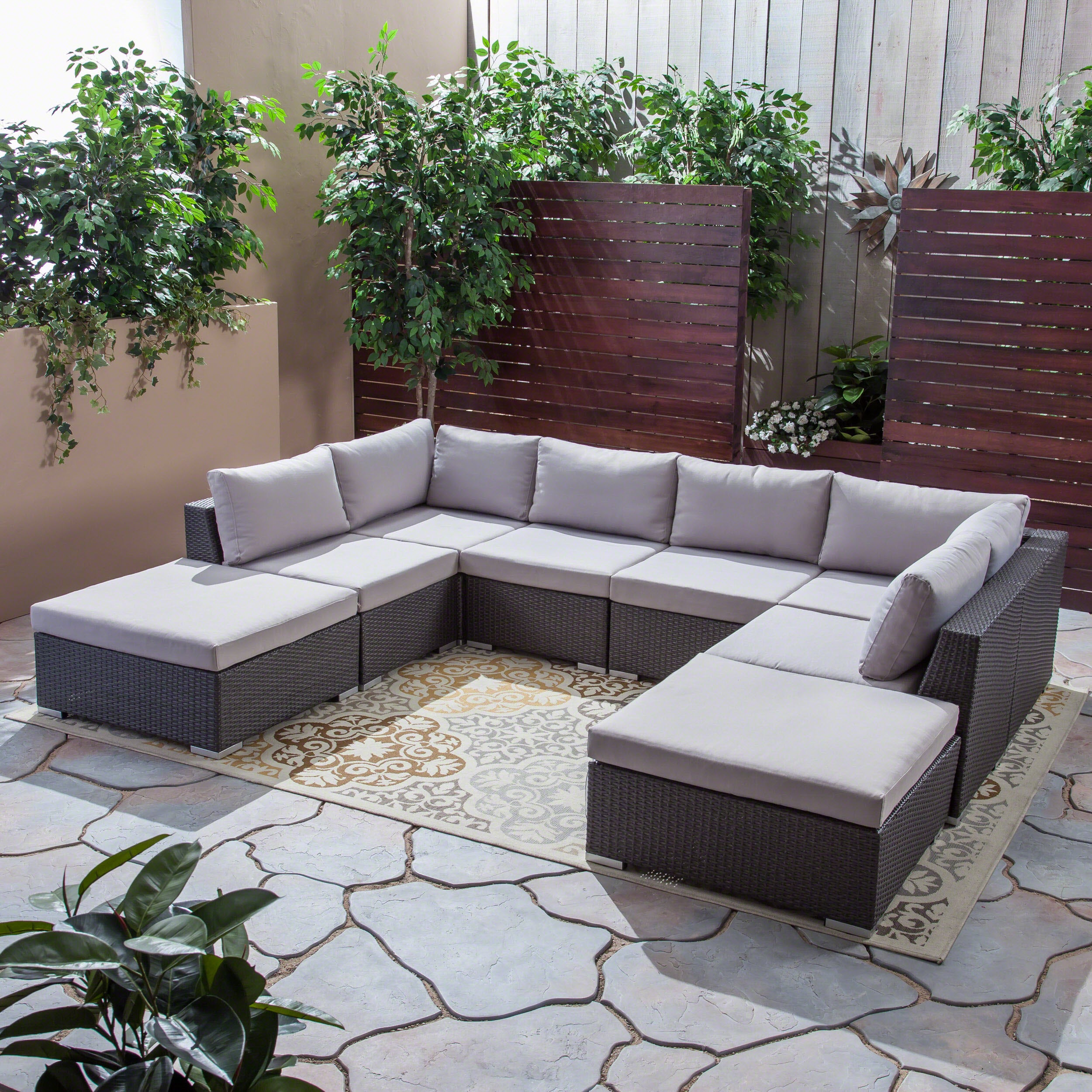 Salome Outdoor 6 Seater Wicker Sofa Set with Aluminum Frame and Cushions, Grey and Silver