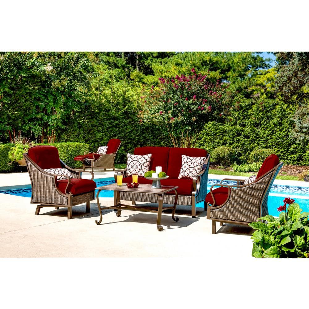 Hanover Ventura 4-Piece All-Weather Wicker Patio Seating Set with Crimson Red Cushions, 4-Pillows, Coffee Table VENTURA4PC-RED