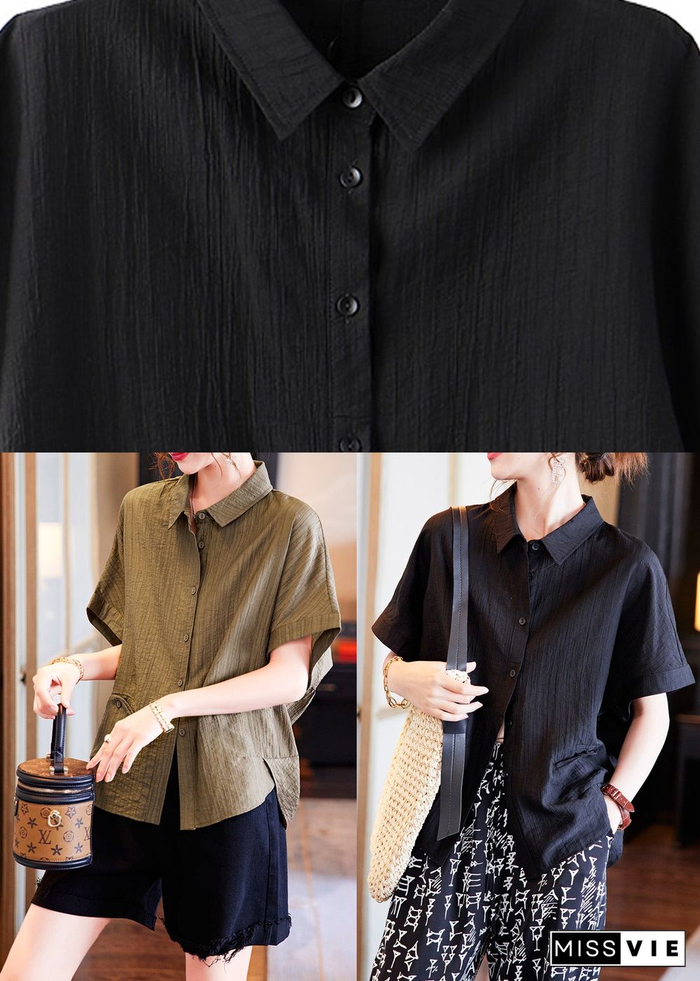 Black Low High Design Button Solid Silk Shirt Summer