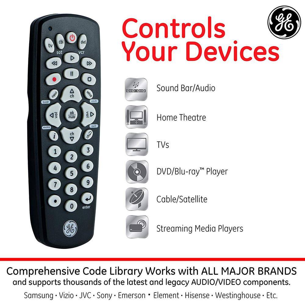 GE 3-Device Universal TV Remote Control in Black 34456