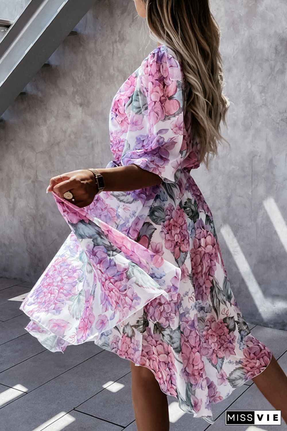 Fashion Elegant Floral Buckle With Belt V Neck Irregular Dress Dresses