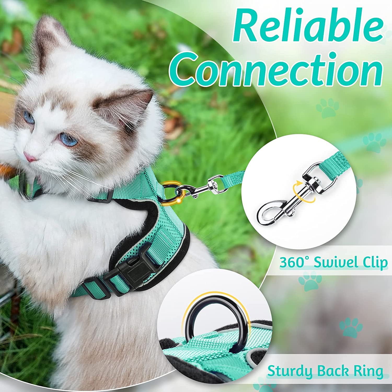 Rabbitgoo Cat Harness and Leash for Walking，Escape Proof Soft Adjustable Vest Harnesses for Cats，Easy Control Breathable Reflective Strips Jacket，Green