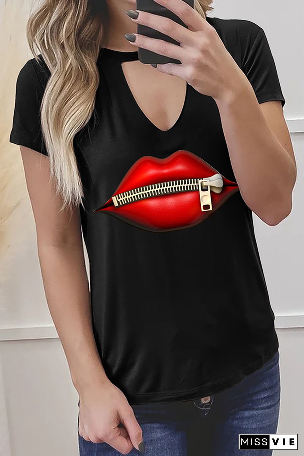 Lips Print Graphic Tees for Women Wholesale Short Sleeve T shirts Top