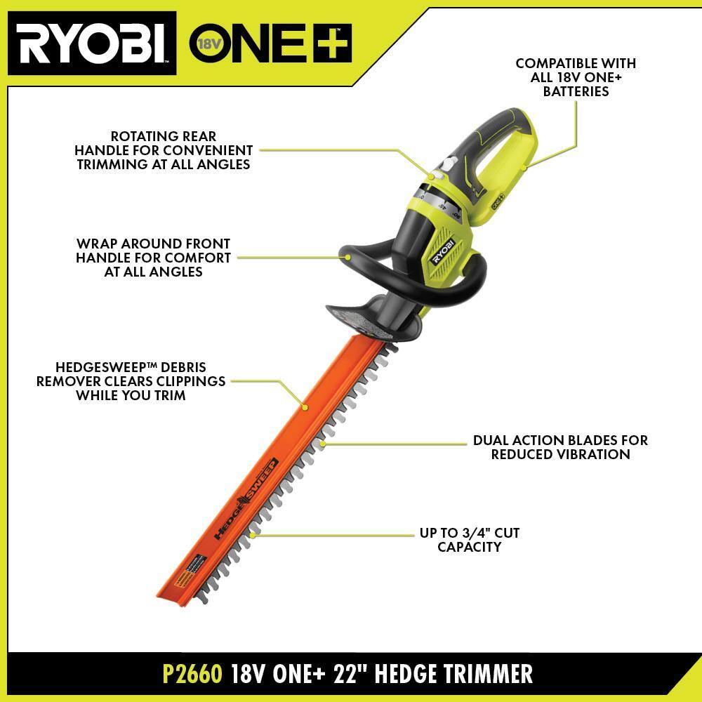 RYOBI ONE+ 18V 22 in. Cordless Battery Hedge Trimmer (Tool Only) P2606BTL