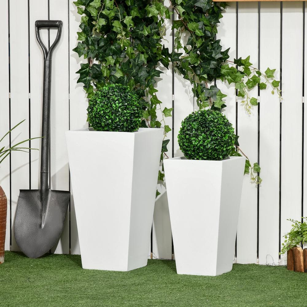 Outsunny White Outdoor Metal Planter Set Flower Pots with Drainage Holes Durable and Stackable for Patio Yard Garden (2-Pack) 845-861V00WT