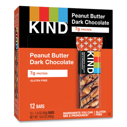 KIND Plus Nutrition Boost Bar， Peanut Butter Dark Chocolate/Protein， 1.4 oz， 12/Box (17256)