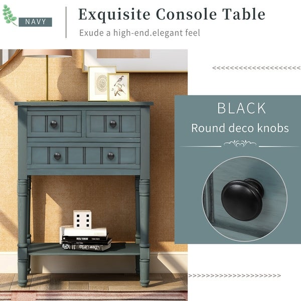 Narrow Console Table with 3 Storage Drawers and Black Round Deco Knobs， Slim Sofa Table with Bottom Shelf， Navy