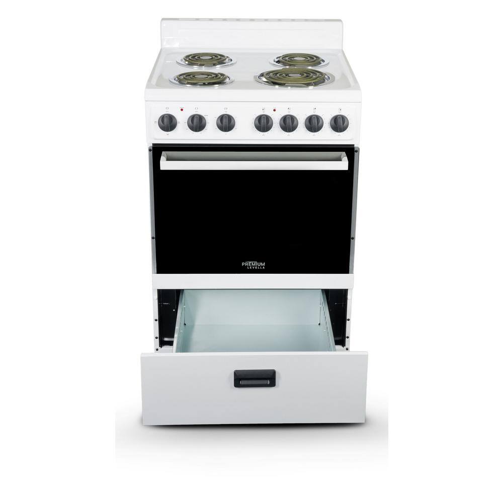 Premium LEVELLA 24 in. 2.7 cu. ft. Single Oven Electric Range with 4 Burners and Storage Drawer in White PRE2425GW