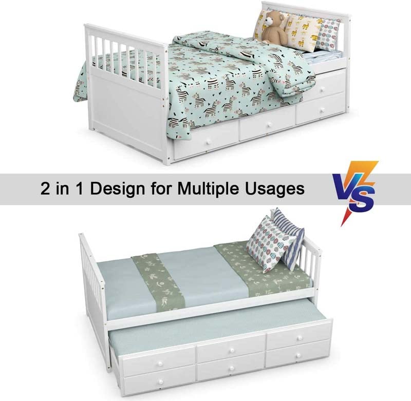 Full Captain's Bed with Trundle Bed & 3 Storage Drawers, Wooden Platform Storage Daybed for Kids Guests Sleepovers