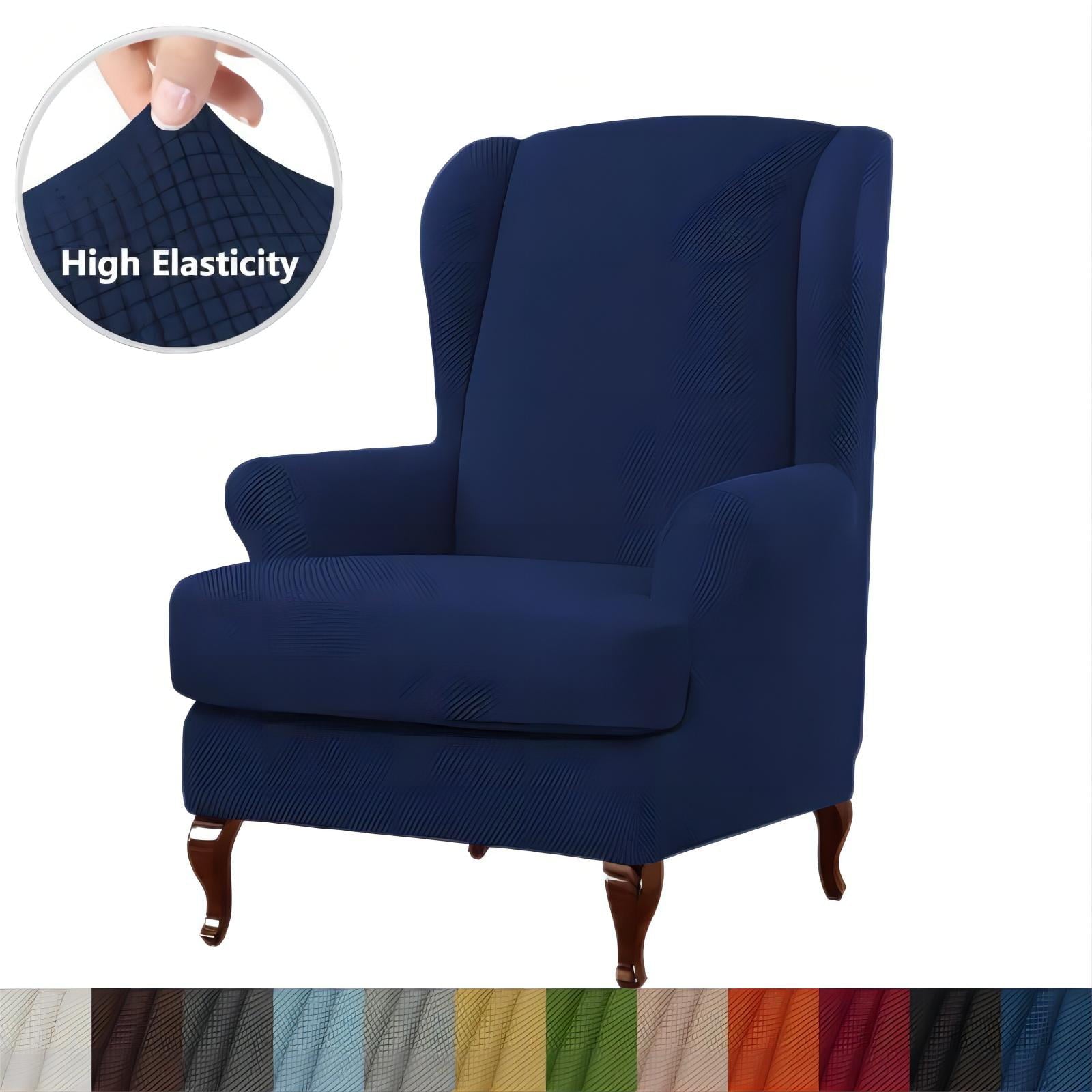 Stretch Wingback Chair Cover, 2-Piece Wing Chair Slipcover Furniture Protector with Elastic Bottom, Soft Jacquard Fabric Small Checks(Navy Blue)