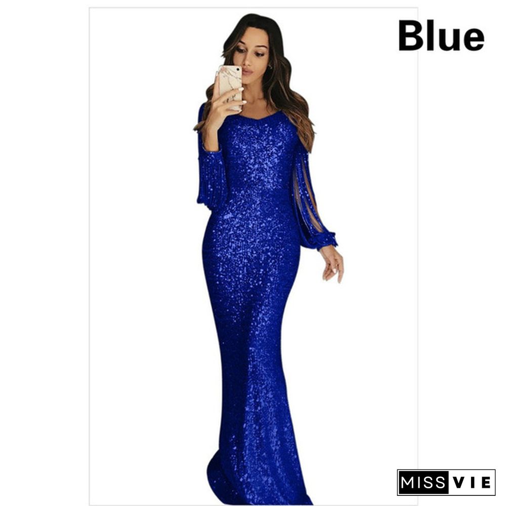 Luxurious Round Neck Bling Prom Dress Long Sleeve Tassel Charming Sequins Mermaid Evening Dress Party Dress Stage Performance Clothing