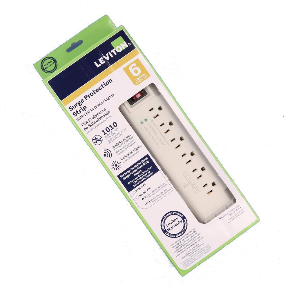 Leviton 15 Amp Office Grade Surge Protected 6-Outlet Power Strip 1010 Joules OnOff Switch 6 Foot Cord Beige S1000-PTC