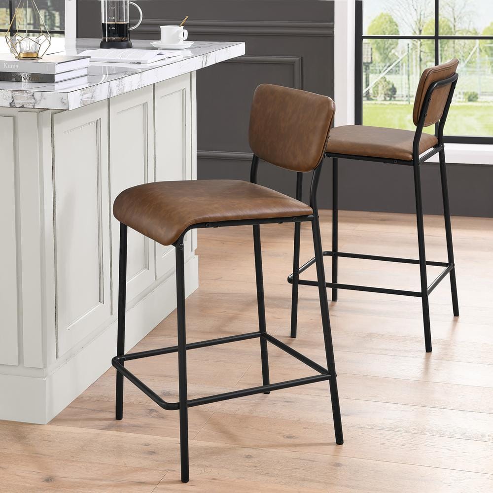 34.50 in. Brown Low Back Metal Bar Stools Dining Chair Counter Stools with Footrest and Faux Leather Seat (Set of 2) HY02010Y