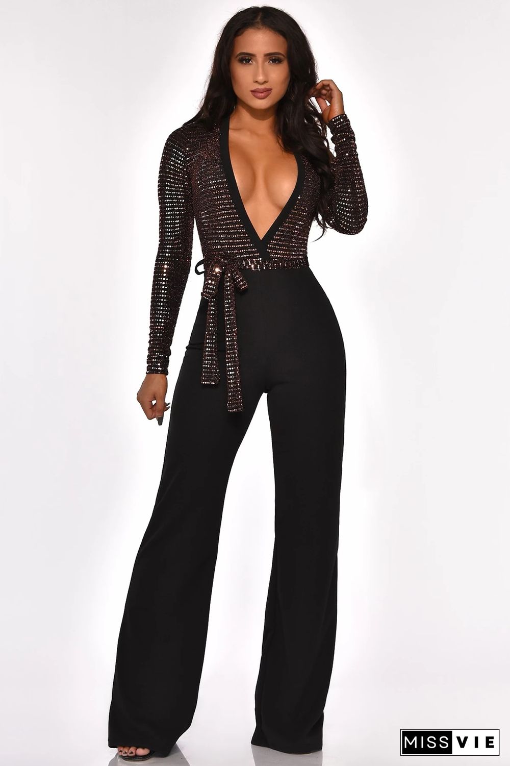 Sexy Deep V Sequin Wide-legs Jumpsuit