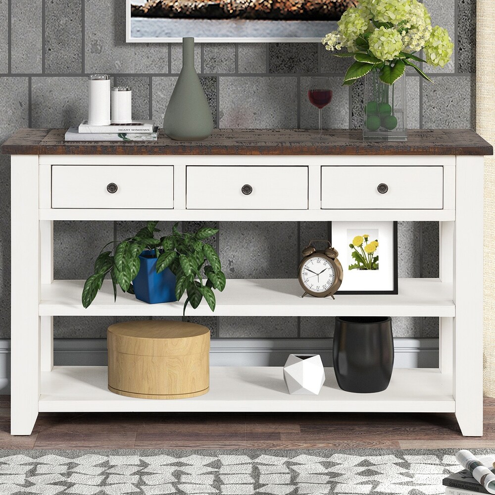 Vintage Pine Console Table with 3 Drawers and 2 Shelves