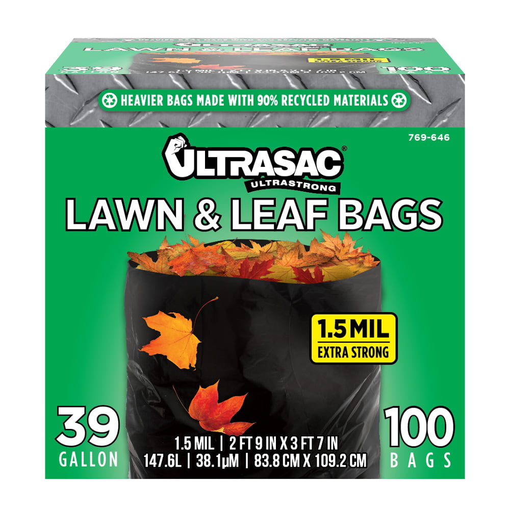 Lawn and Leaf Bags by Ultrasac - 39 Gallon Garbage Bags (HUGE 100 Pack /w Ties) 33" x 43" Heavy Duty Industrial Yard Waste Bag - Professional Outdoor Trash Bags for Contractors and more