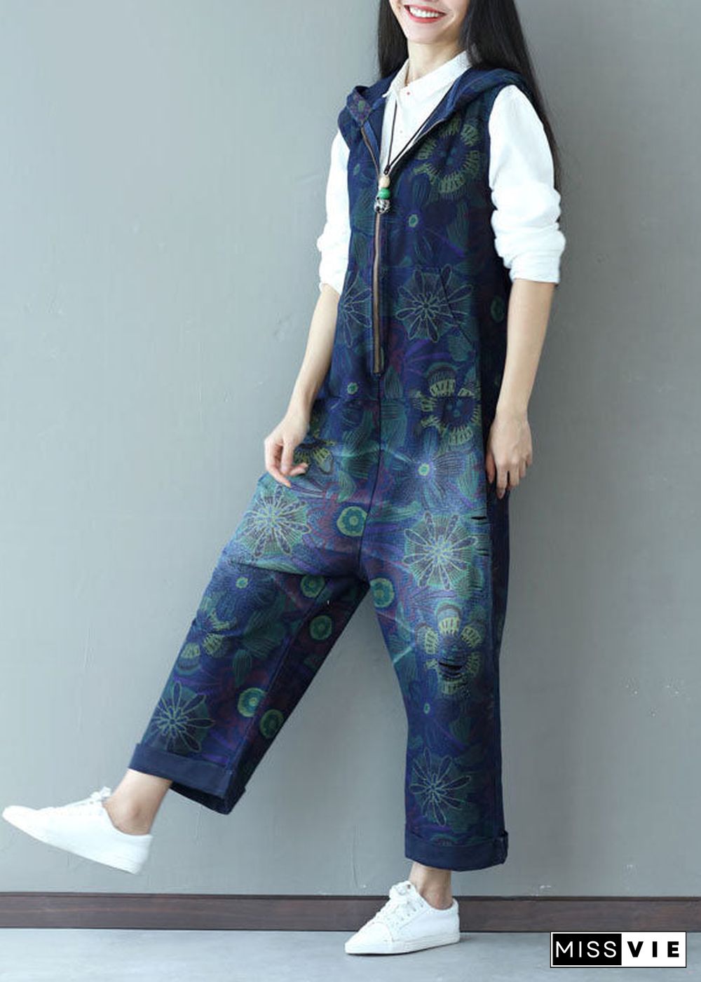 Stylish Navy Zippered Hooded Print Denim Jumpsuits Spring