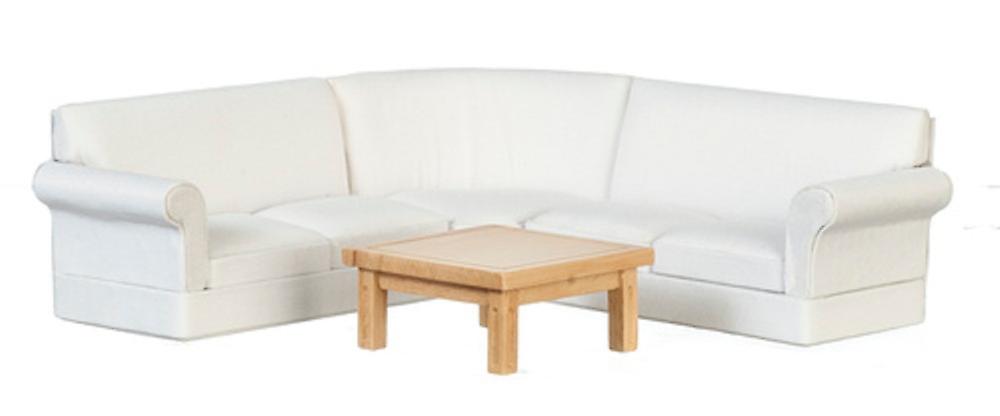 Dolls House White Corner Sofa andamp; Light Oak Table Modern Living Room Furniture Set