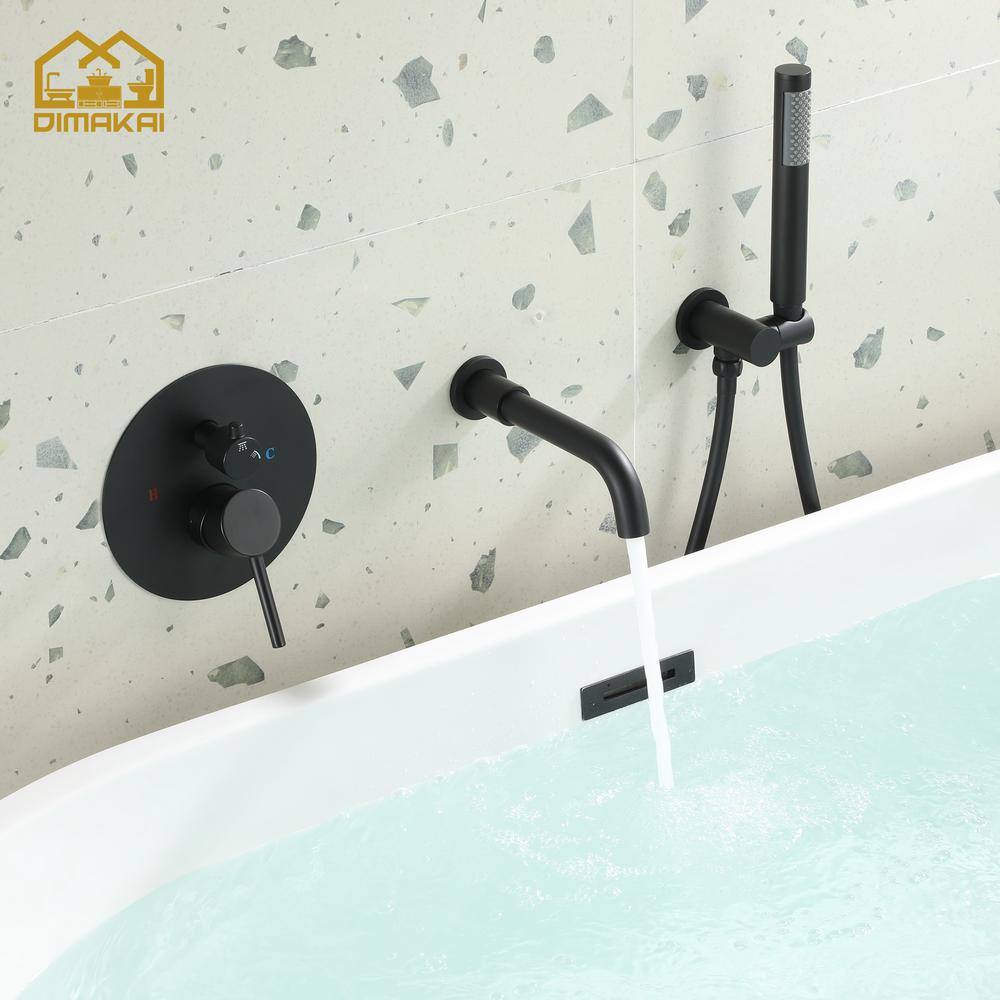 Hlihome 2-Spray Patterns Single-Handle Wall Mount Roman Tub Faucet with Handheld Shower in Black Valve Included RBDK-8050-MB