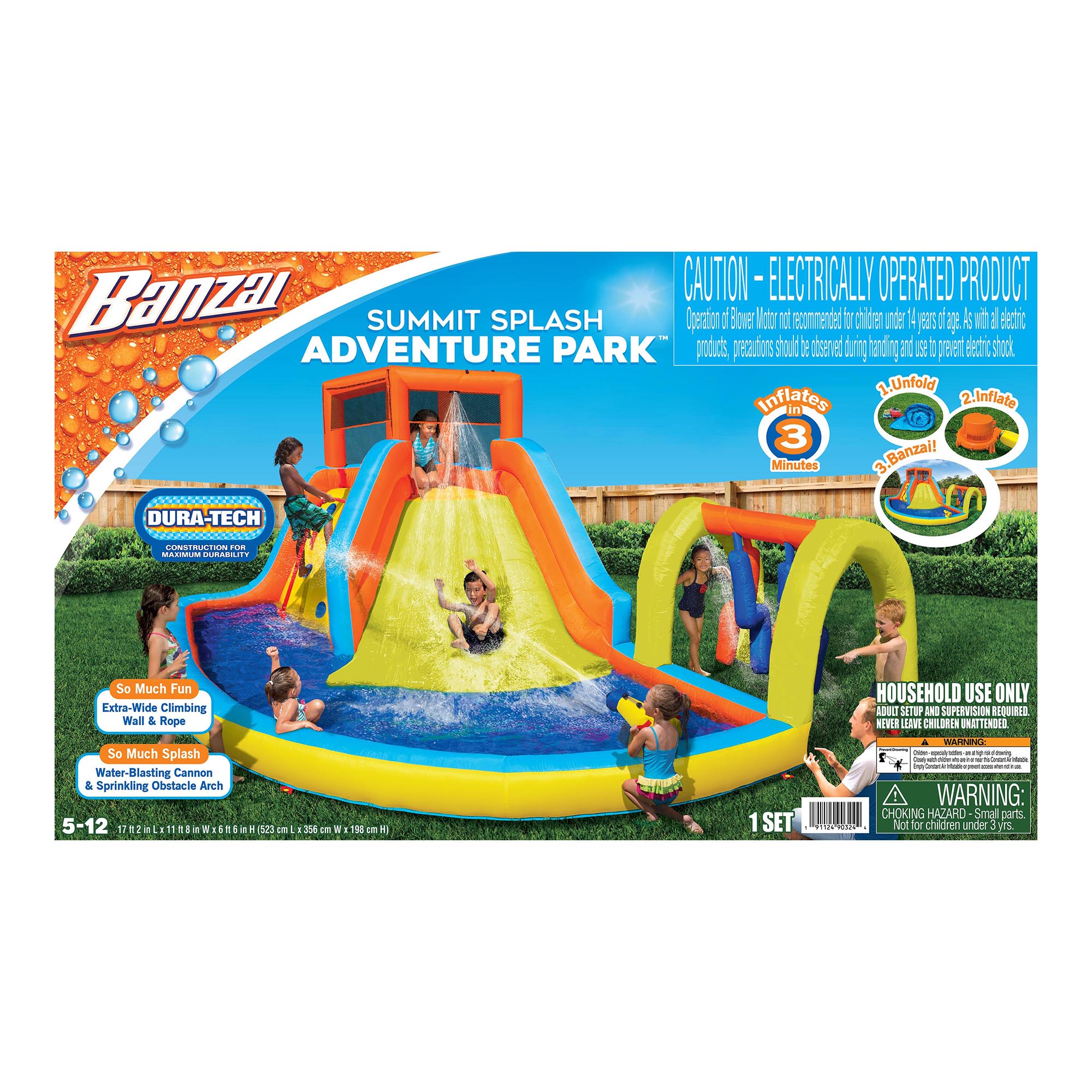 Banzai Inflatable Summit Splash Adventure Water Park W/ Climbing Wall & Rope, Water Cannon, Sprinkler