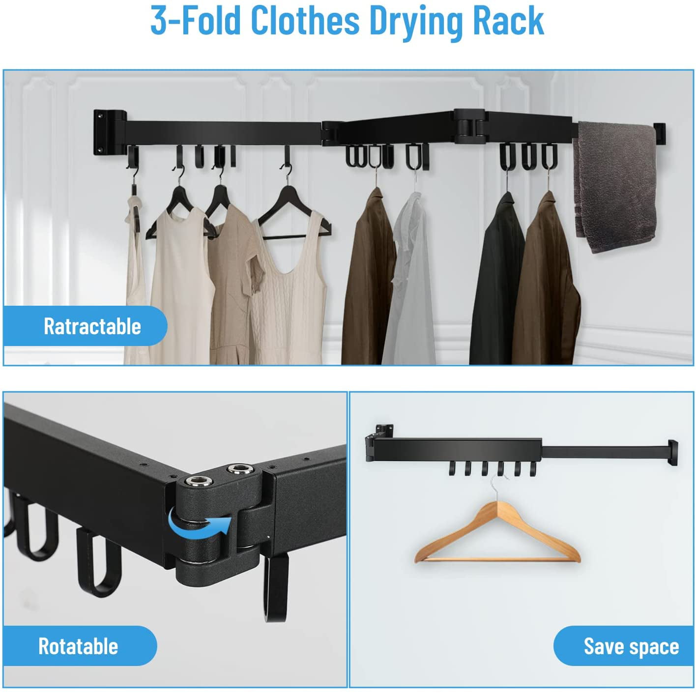 Wall Mounted Clothes Drying Rack, Retractable Clothes Hanger Rack for Laundry, Collapsible Space Saver Garment Hanger with Hooks