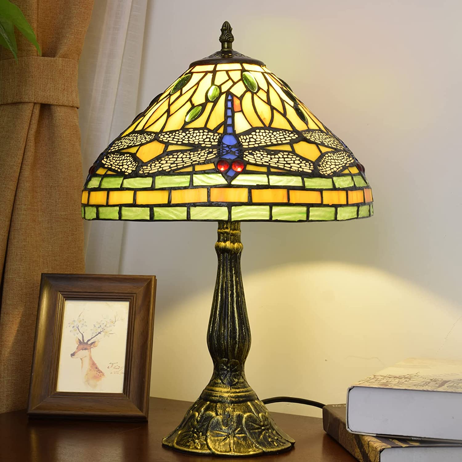 SHADY Tiffany Lamp Stained Glass Lamp Dragonfly Yellow Bedroom Table Lamp Reading Desk Light for Bedside Living Room Office Dormitory Dining Room Decorate  12x12x18 Include Light Bulb