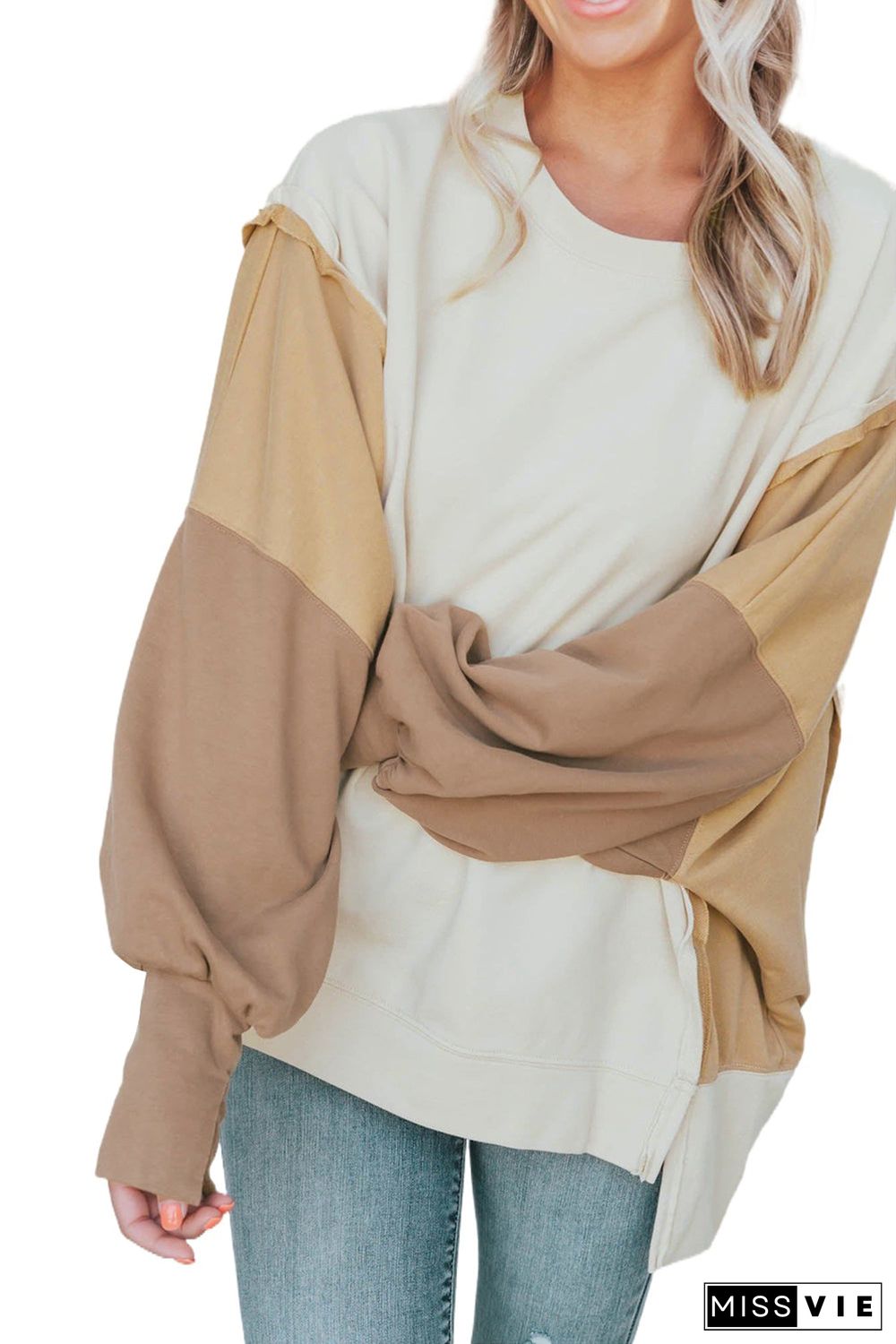 Khaki Color Block Sleeve Patchwork Oversized Sweatshirt