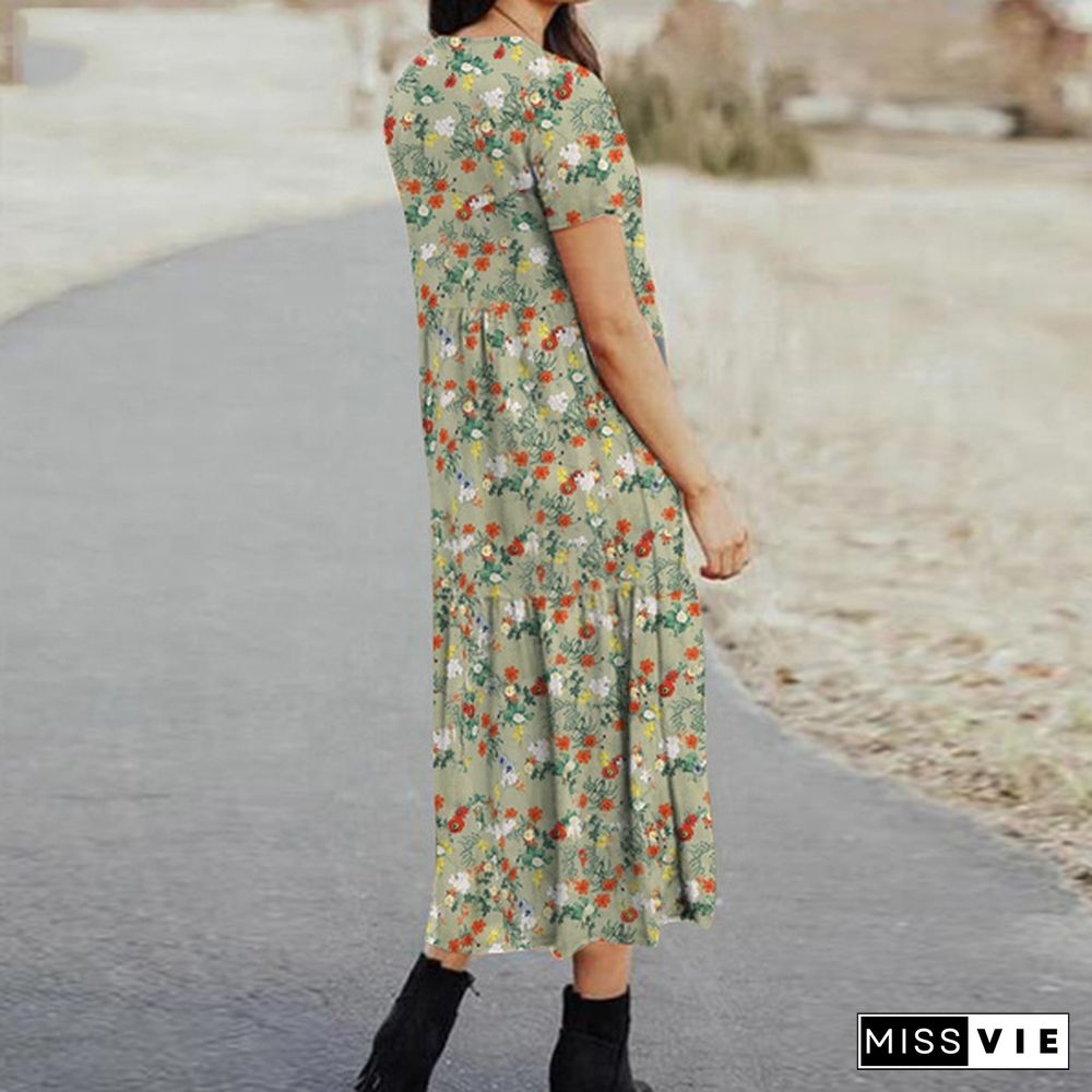 Loose Women Floral Printed Crew Neck Long Shirt Dress Holiday Baggy Midi Sundress Plus