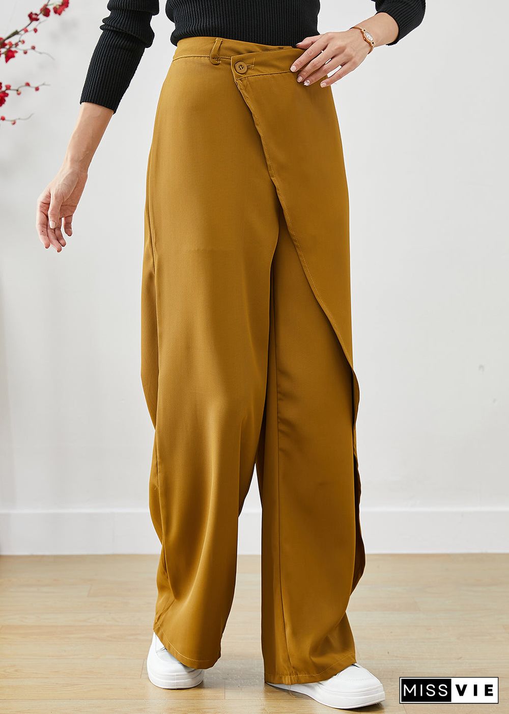 Yellow Draping Spandex Pants Asymmetrical High Waist Fall