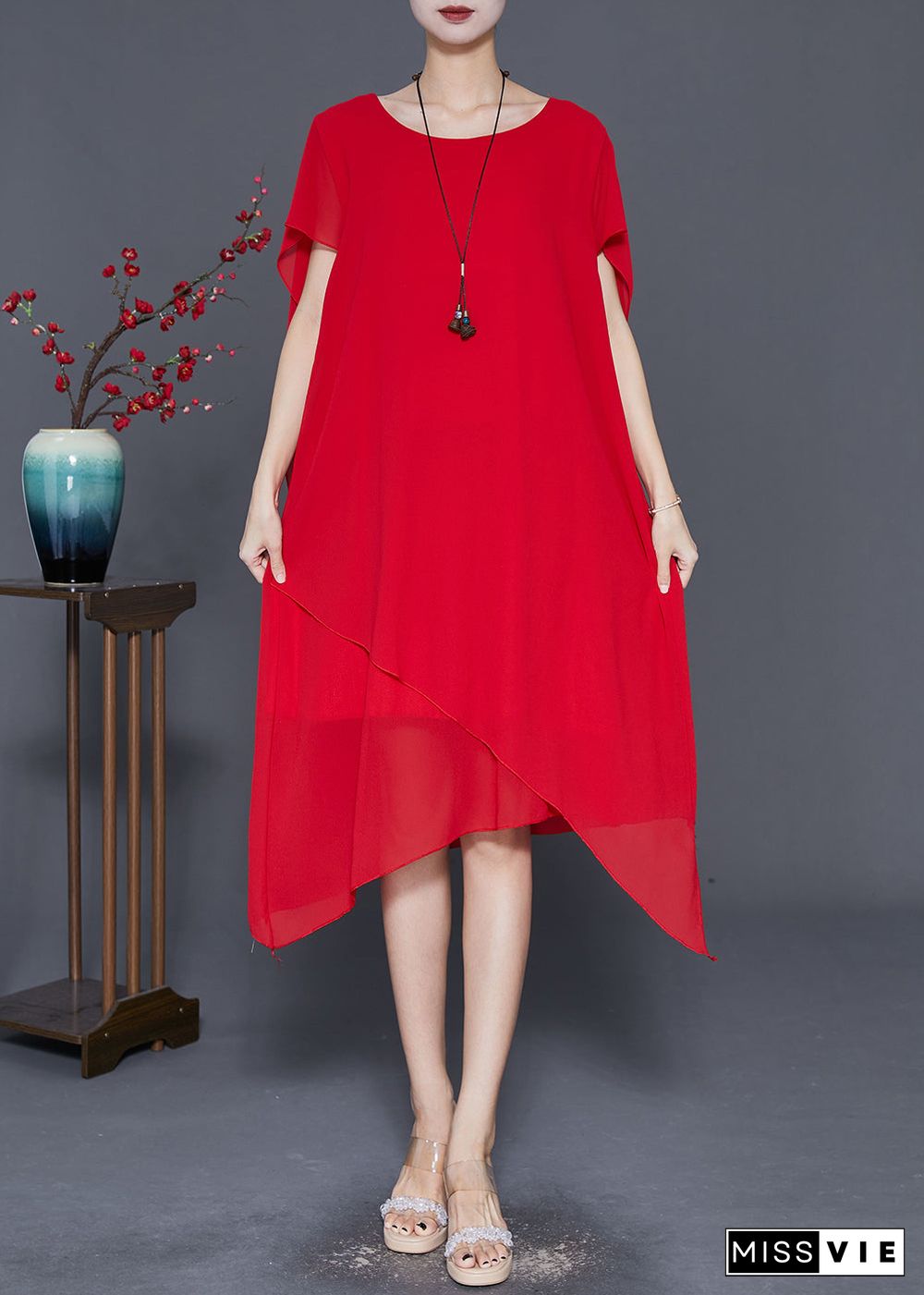 Red Chiffon Long Dress Asymmetrical Draping Cloak Sleeves