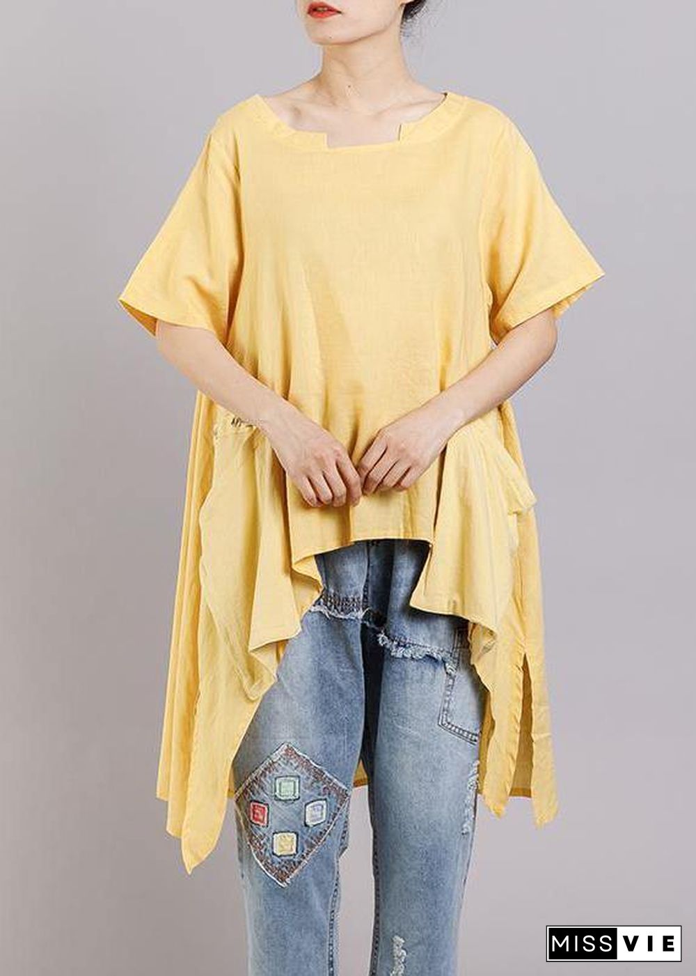 DIY linen tunic top Women Solid Pockets Short Sleeve Irregular Blouse